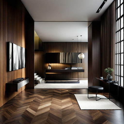 Wnętrze w ciemnym drewnie z parkietem ułożonym w jodełkę, minimalistyczna konsola z oświetleniem i abstrakcyjny obraz na ścianie.