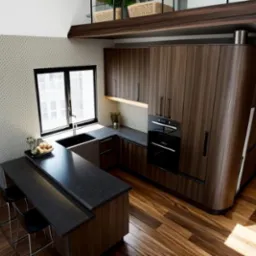 Nowoczesna kuchnia z ciemnego drewna, z wyspą i czarnym blatem, oświetlona naturalnym światłem z okna, z widokiem na miasto.