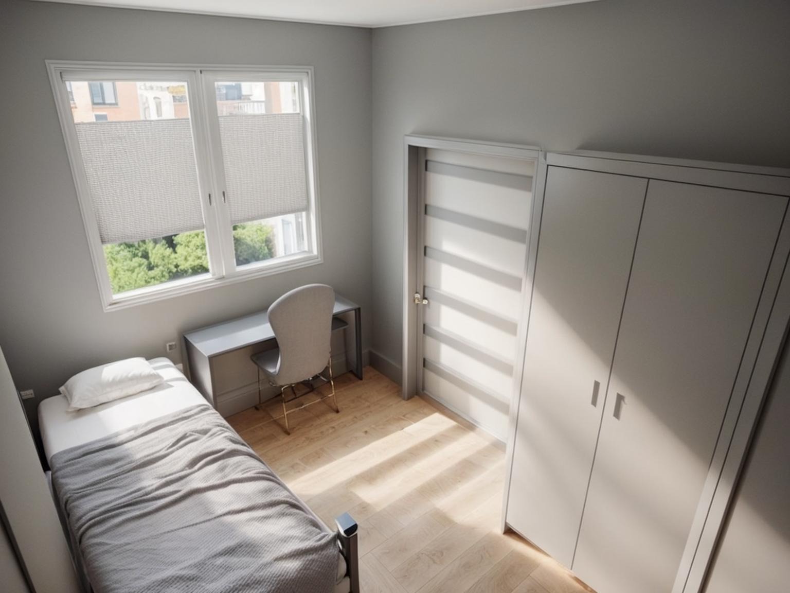 Pokój młodzieżowy w odcieniach szarości z łóżkiem, biurkiem z krzesłem i szafą w zabudowie, oświetlony naturalnym światłem wpadającym przez okno z roletami.