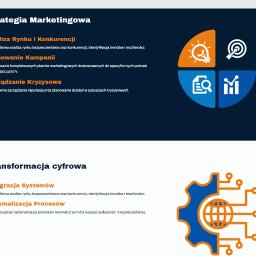 NWAGNER Investments & Technologies sp. z o. o. - Grafika prezentująca ofertę strategii marketingowej i transformacji cyfrowej firmy, z ikonami symbolizującymi analizę rynku, planowanie kampanii, zarządzanie kryzysowe, integrację systemów...