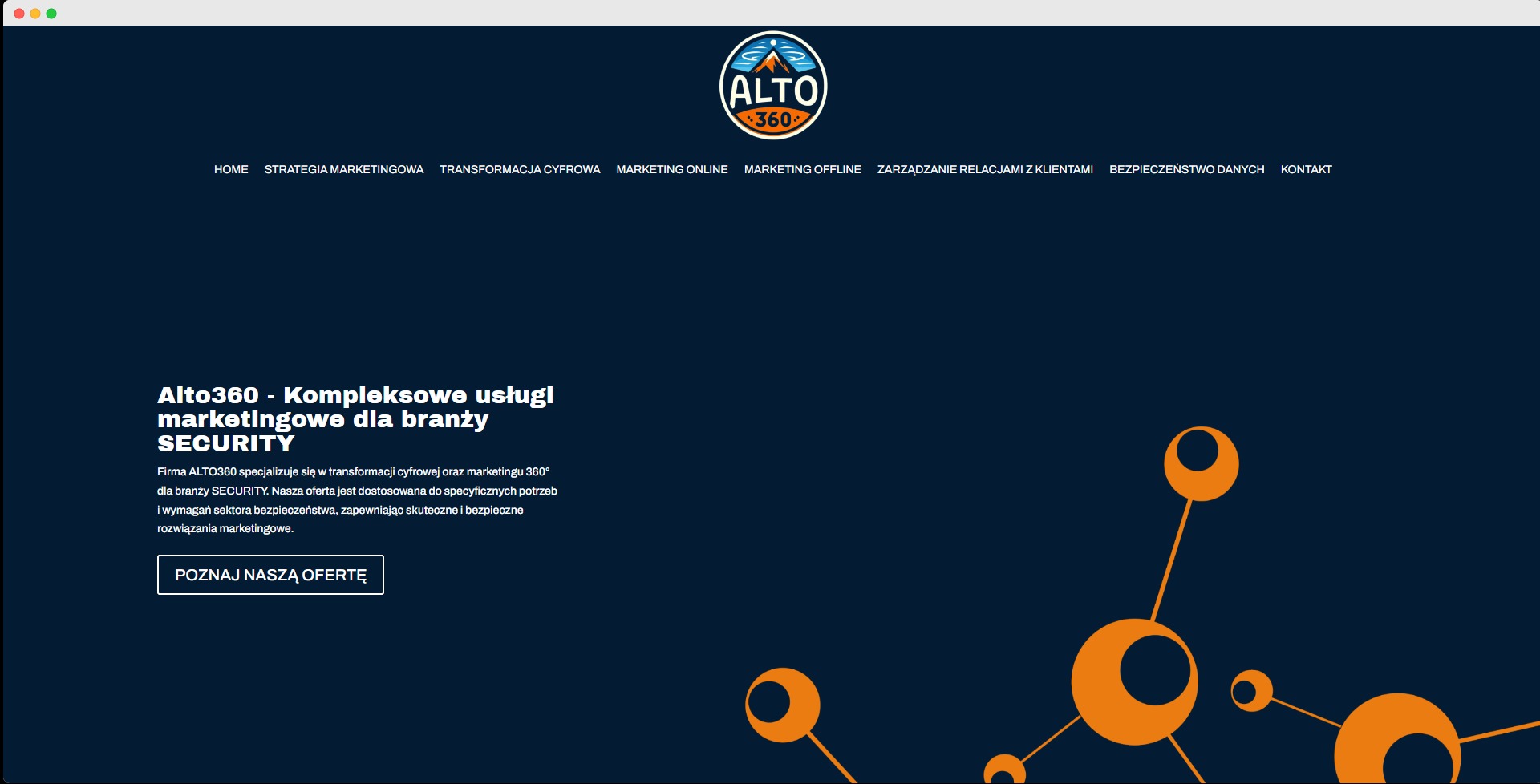 Strona internetowa firmy Alto360 specjalizującej się w marketingu dla branży security, z menu nawigacyjnym i graficznym motywem połączeń.