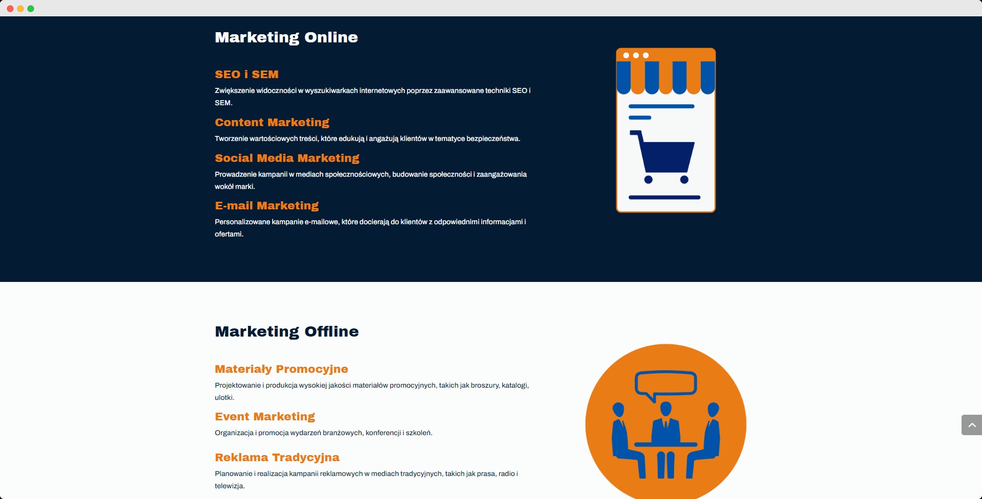 Graficzna prezentacja marketingu online i offline: ikona sklepu internetowego w smartfonie oraz symbol spotkania biznesowego, na ciemnym tle z tekstem.