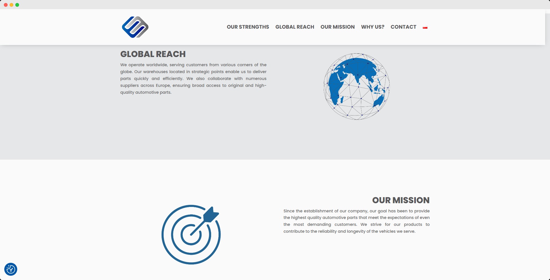 Fragment strony internetowej z nagłówkami 'Global Reach' i 'Our Mission' oraz grafikami globu i tarczy z strzałą, prezentujący ofertę firmy.
