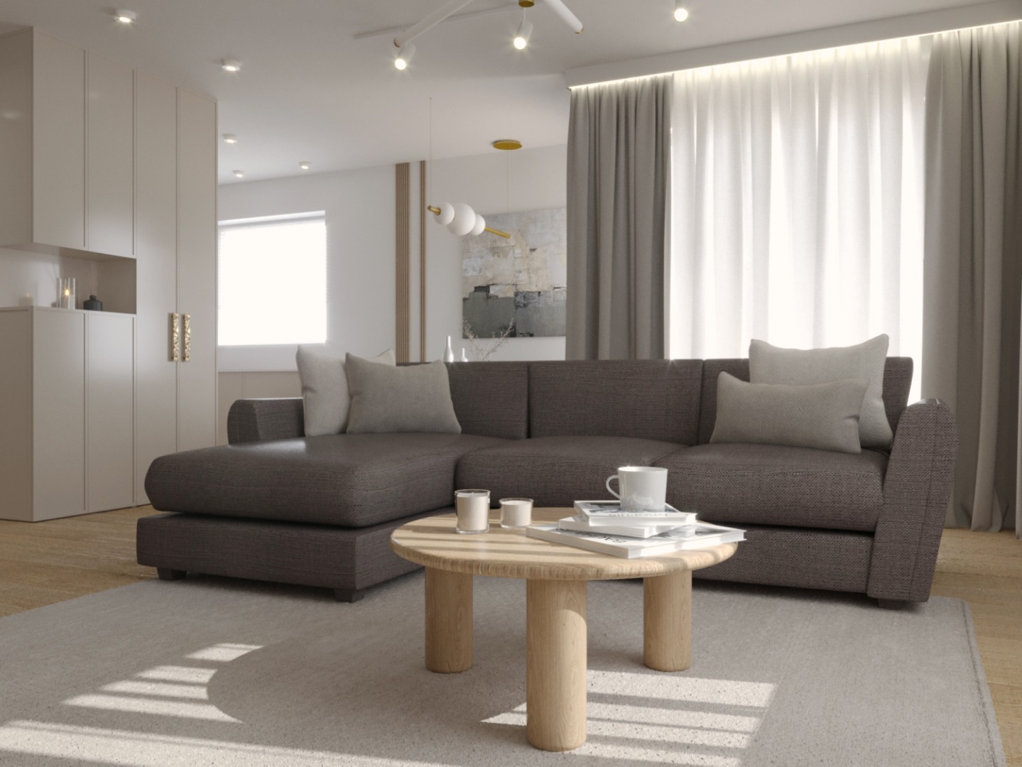 Jasne wnętrze salonu w Szczecinie z narożną sofą w odcieniach szarości, okrągłym drewnianym stolikiem kawowym z książkami i świecami, oraz zasłonami w tle.