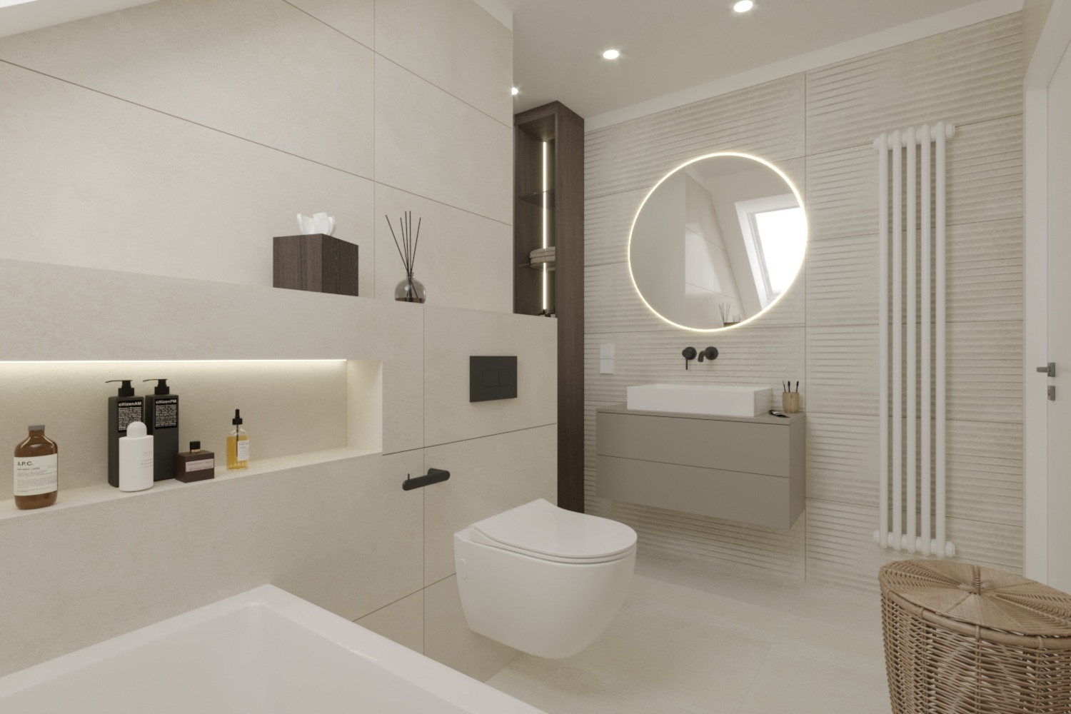 Jasna łazienka z podświetlanym lustrem, wiszącą toaletą i grzejnikiem żeberkowym na tle ściany z poziomymi żłobieniami. Wbudowane półki z kosmetykami i dekoracjami.