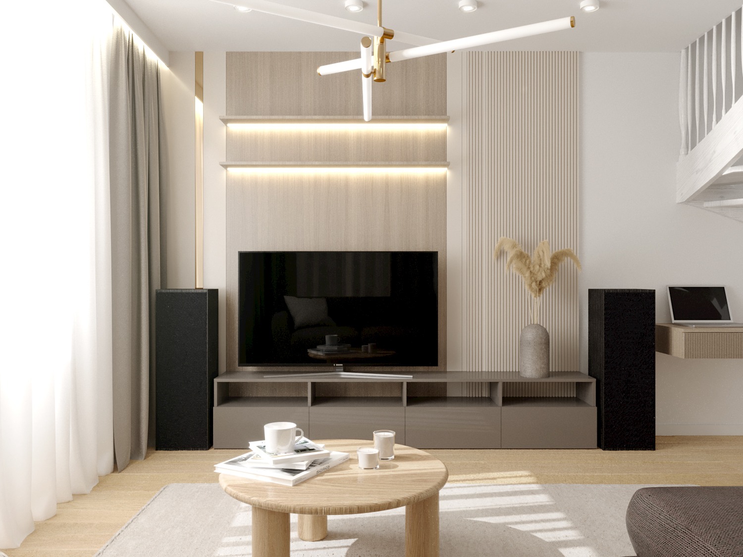 Jasny salon z telewizorem na tle ściany z podświetlanymi półkami i dekoracyjną ścianką z pionowych paneli, okrągły stolik kawowy z filiżanką i świecami na dywanie, minimalistyczna lampa sufitowa...
