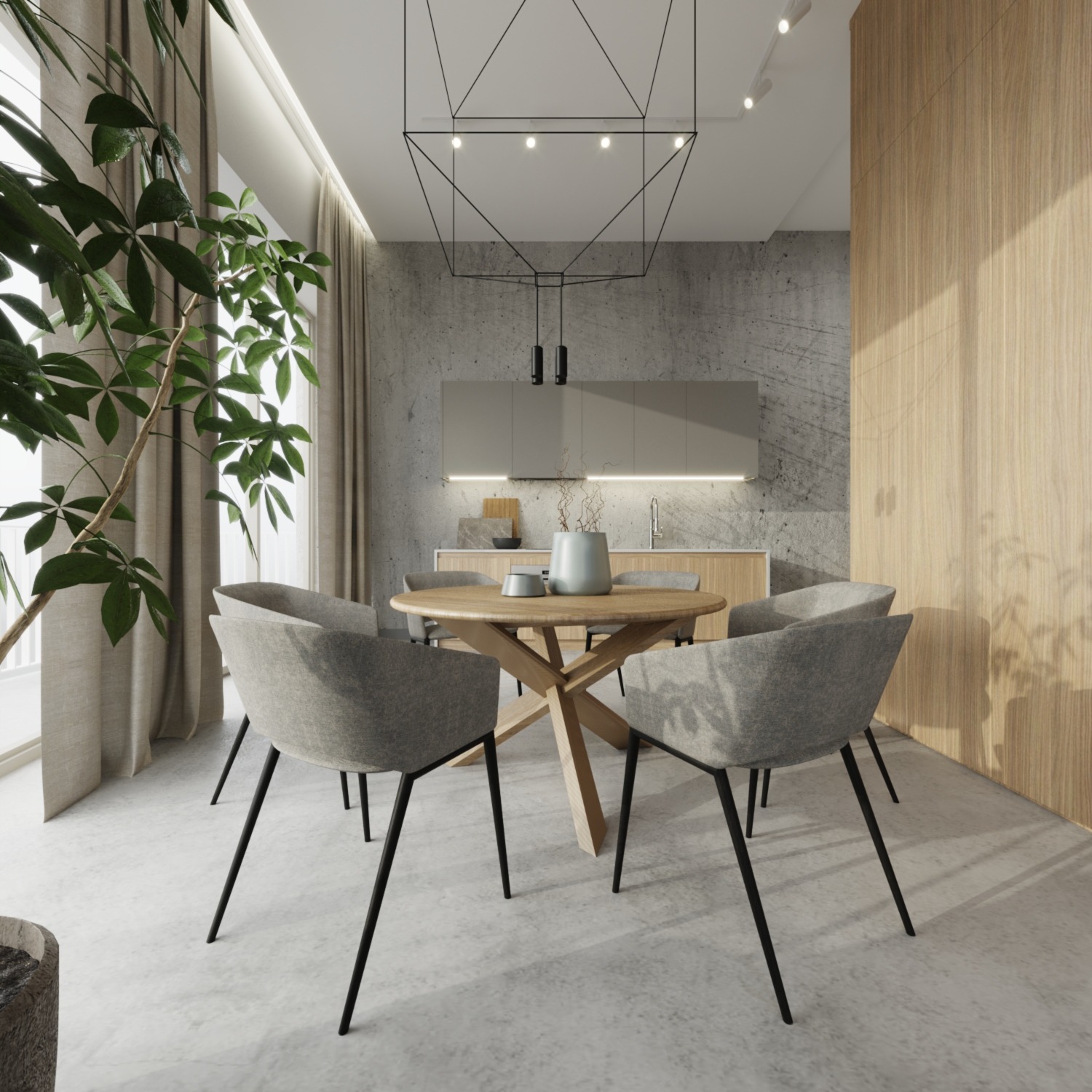 Jasne wnętrze jadalni z okrągłym drewnianym stołem na krzyżakowej podstawie, szare krzesła z czarnymi nogami, minimalistyczna lampa sufitowa, betonowa ściana i drewniana okładzina, roślina...