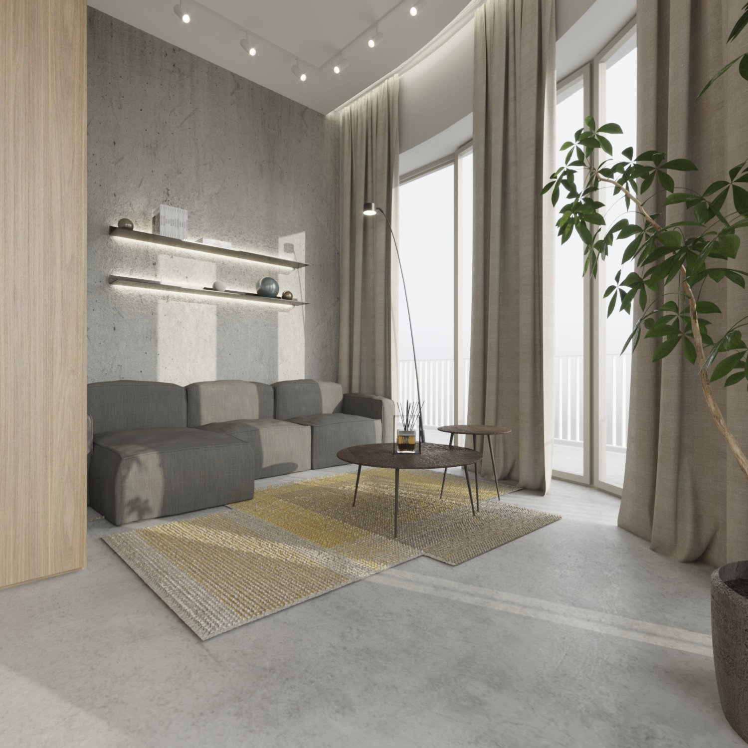 Minimalistyczny salon z szarą sofą modułową, okrągłymi stolikami kawowymi i dywanem w odcieniach beżu i żółci, oświetlony światłem dziennym wpadającym przez duże okna z beżowymi zasłonami.