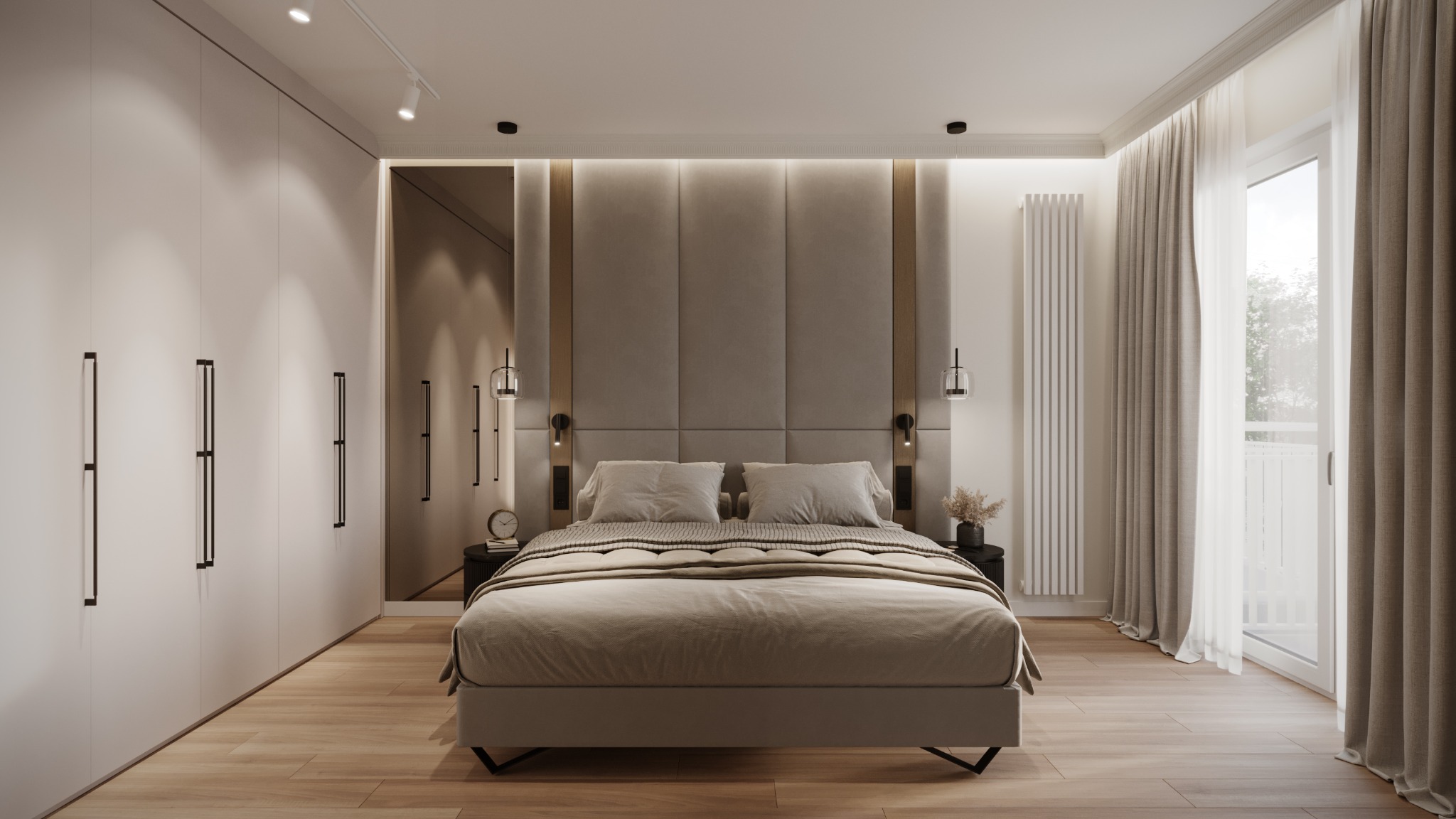 Elegancka sypialnia w neutralnych barwach z łóżkiem z tapicerowanym zagłówkiem, szafą w zabudowie i drewnianą podłogą, oświetlona punktowymi lampami.