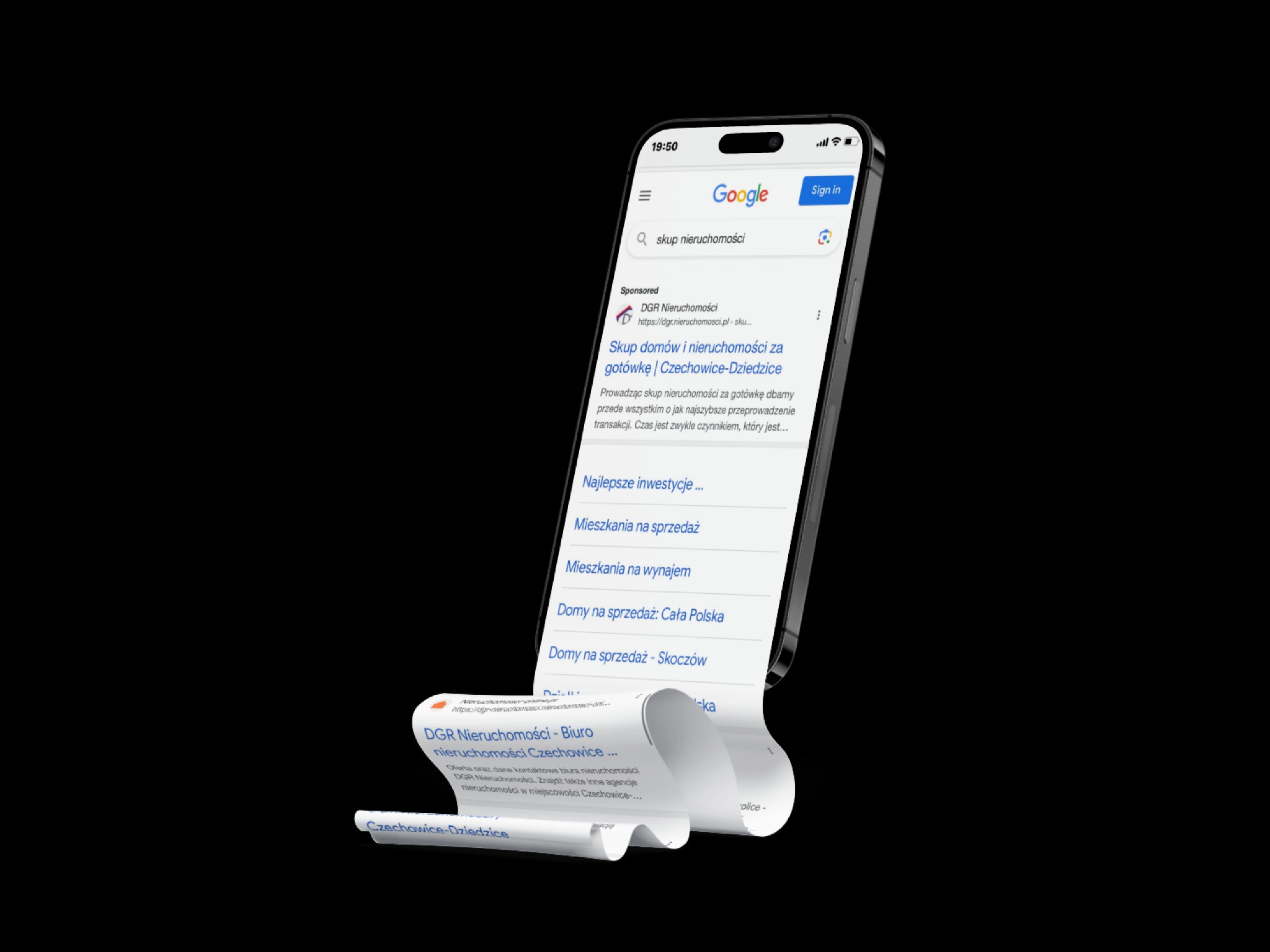 Smartfon wyświetlający stronę wyszukiwarki Google z wynikami dla zapytania 'skup nieruchomości', prezentowany w formie zwiniętej rolki papieru.