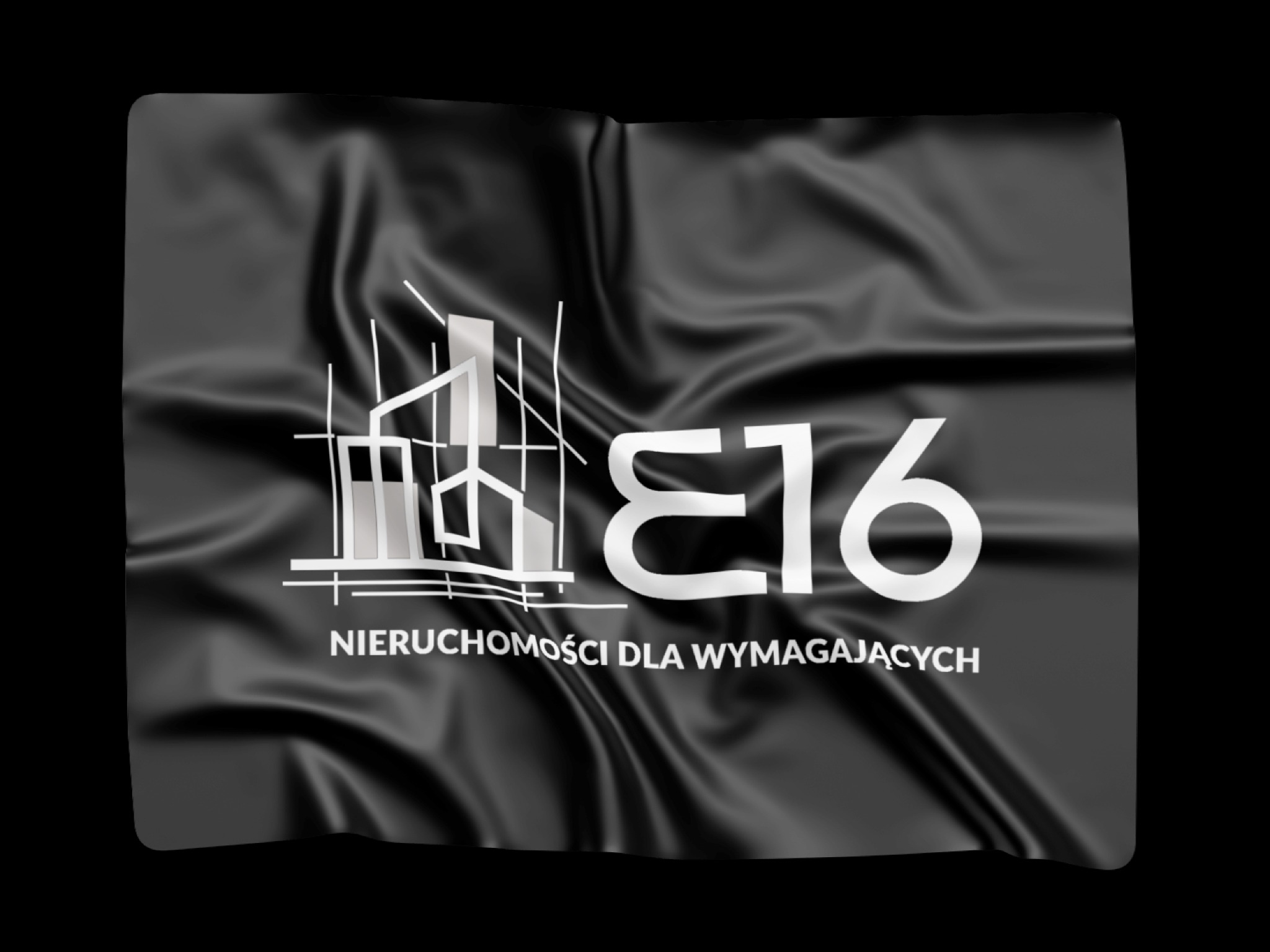 Czarna, falująca tkanina z białym logo firmy 'E16 Nieruchomości dla wymagających' i graficznym przedstawieniem budynku.
