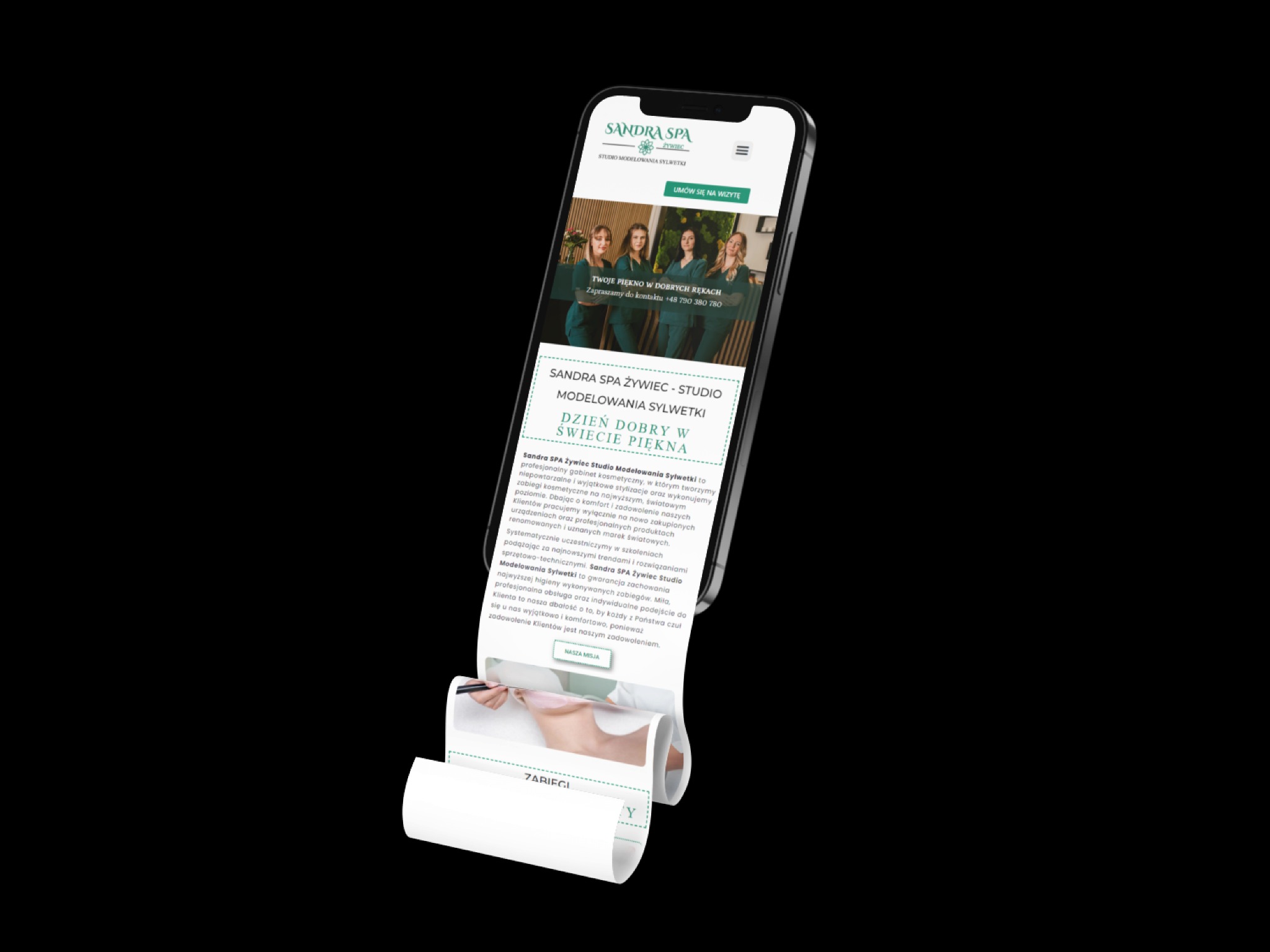 Prezentacja strony internetowej studia modelowania sylwetki Sandra Spa na ekranie smartfona, z widocznym menu i treścią o ofercie zabiegów kosmetycznych.