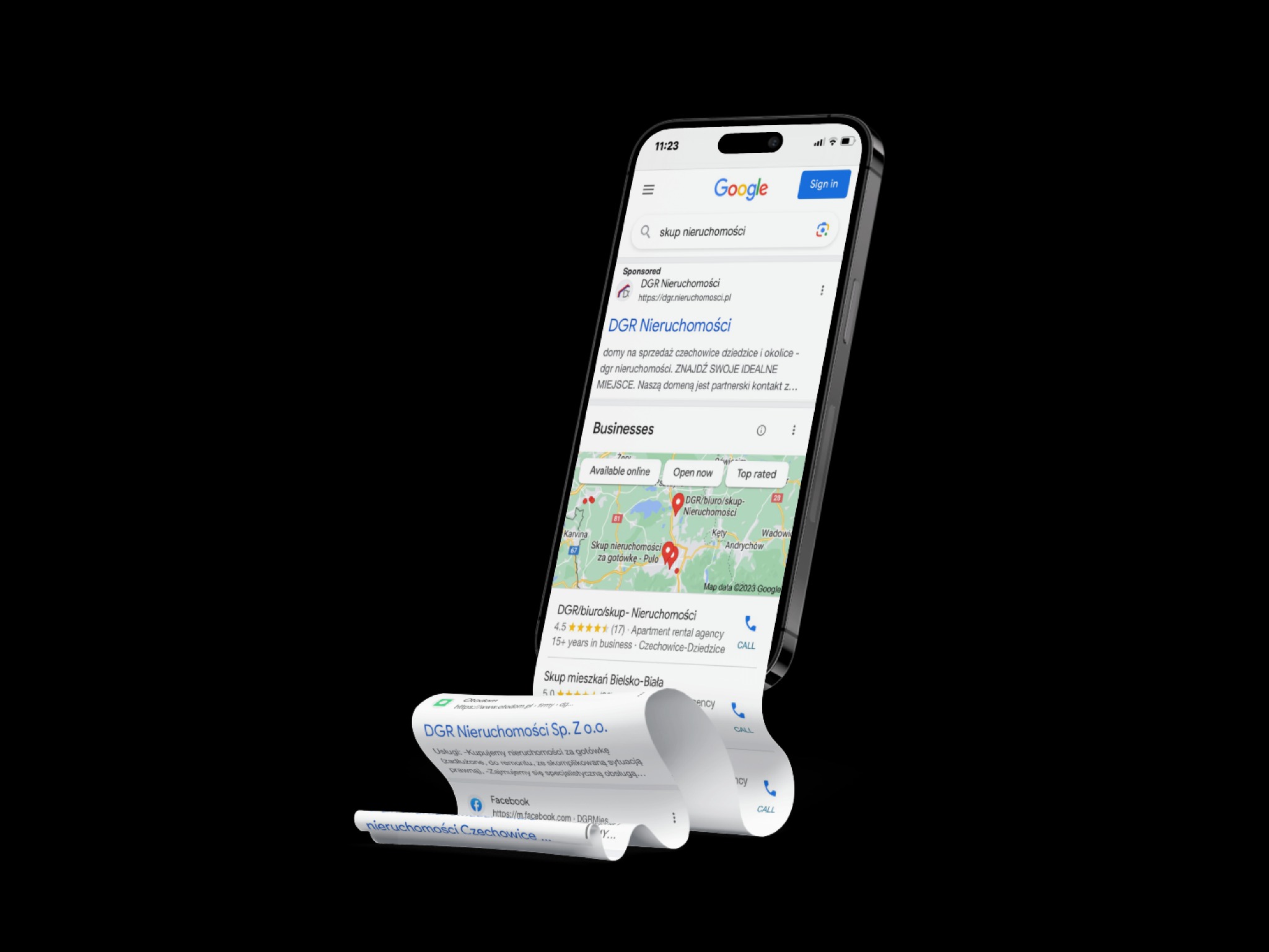 Smartfon wyświetlający wyniki wyszukiwania Google dla frazy 'skup nieruchomości', z rozwiniętą listą firm i usługodawców w formie papierowej rolki, prezentujący mobilną reklamę DGR Nieruchomości.