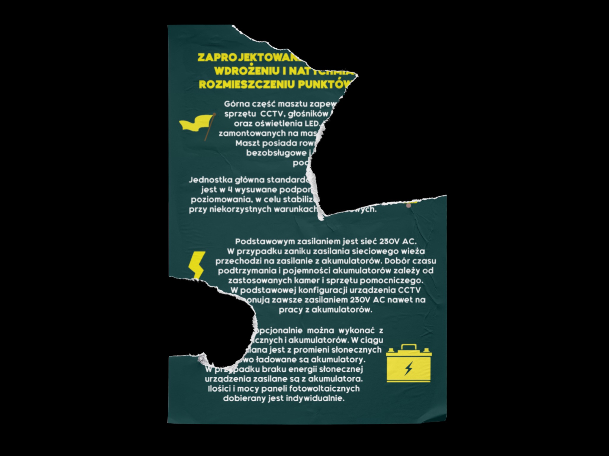 Fragment dokumentu technicznego z opisem zasilania wieży monitoringu CCTV, w tym opcje zasilania akumulatorowego i słonecznego, prezentowany na zielonym tle z efektem podarcia.