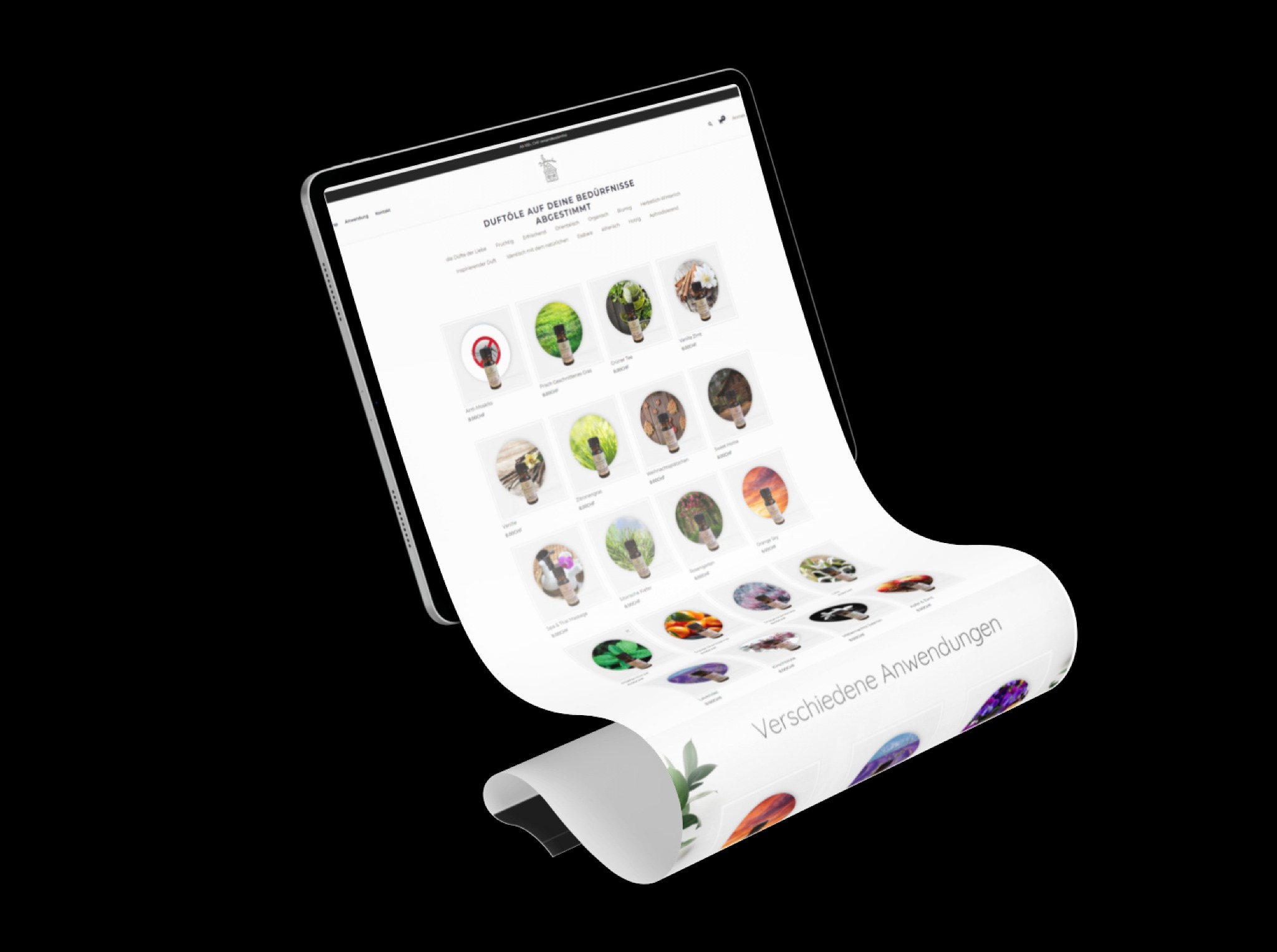 Tablet prezentuje stronę internetową z ofertą olejków eterycznych, widok z boku, z efektem zwijającej się strony.