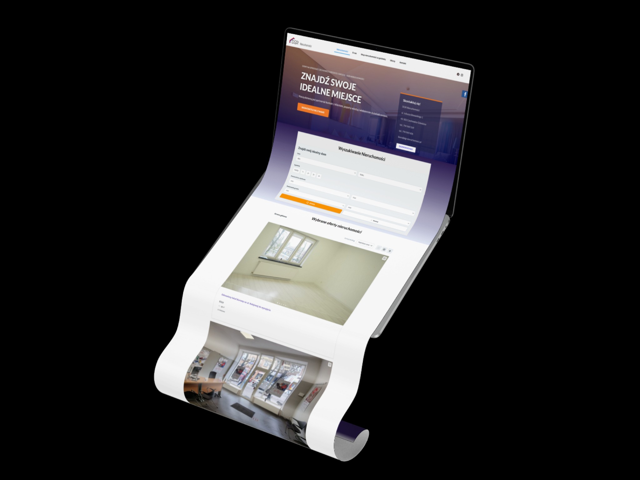 Prezentacja strony internetowej agencji nieruchomości z Bielska-Białej na zakrzywionym ekranie laptopa, widoczne formularze wyszukiwania i oferty nieruchomości.