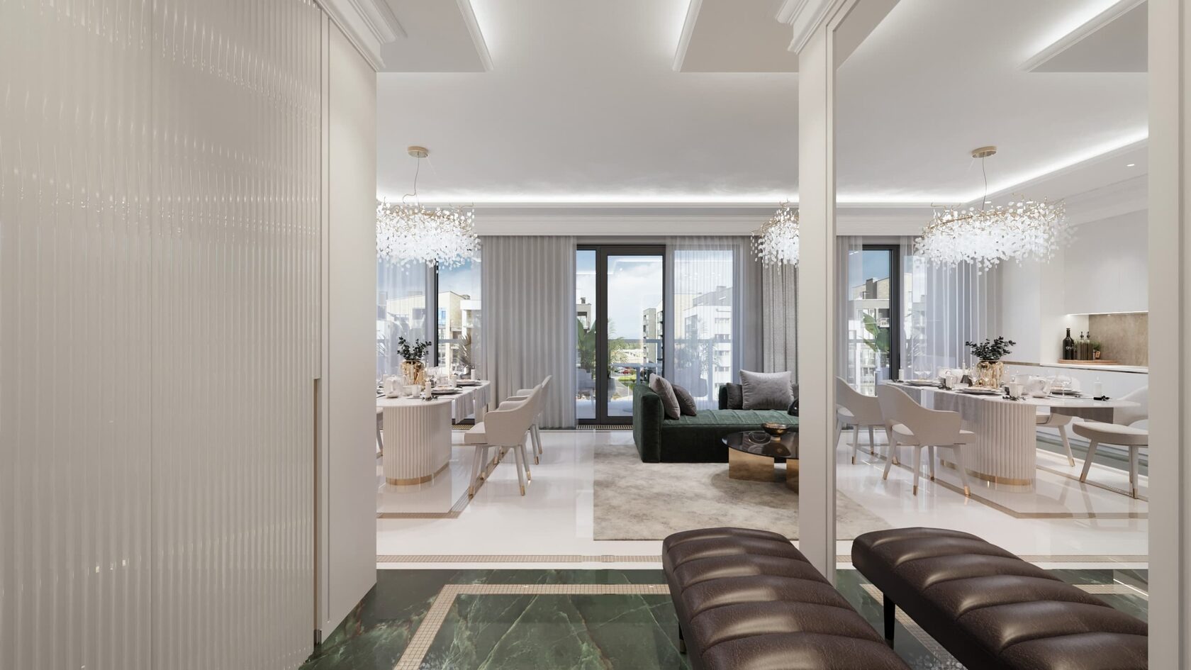 Eleganckie wnętrze biura z marmurową podłogą, nowoczesnym oświetleniem i zieloną sofą, widoczne przez lustrzane drzwi szafy.