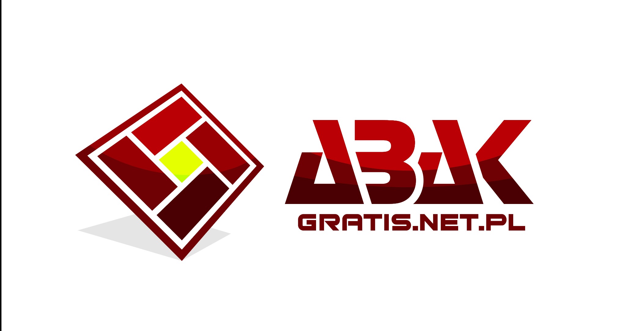 Graficzne logo firmy: czerwony kwadrat z geometrycznym wzorem i żółtym akcentem, obok nazwa firmy 'ABAK gratis.net.pl' w czerwonej kolorystyce z efektem cieniowania.