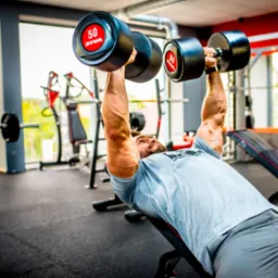 Mężczyzna leżący na ławce w siłowni, podnosi ciężkie hantle ZIVA o wadze 50 kg, z widocznymi żyłami na ramionach, w tle sprzęt do ćwiczeń i okno.