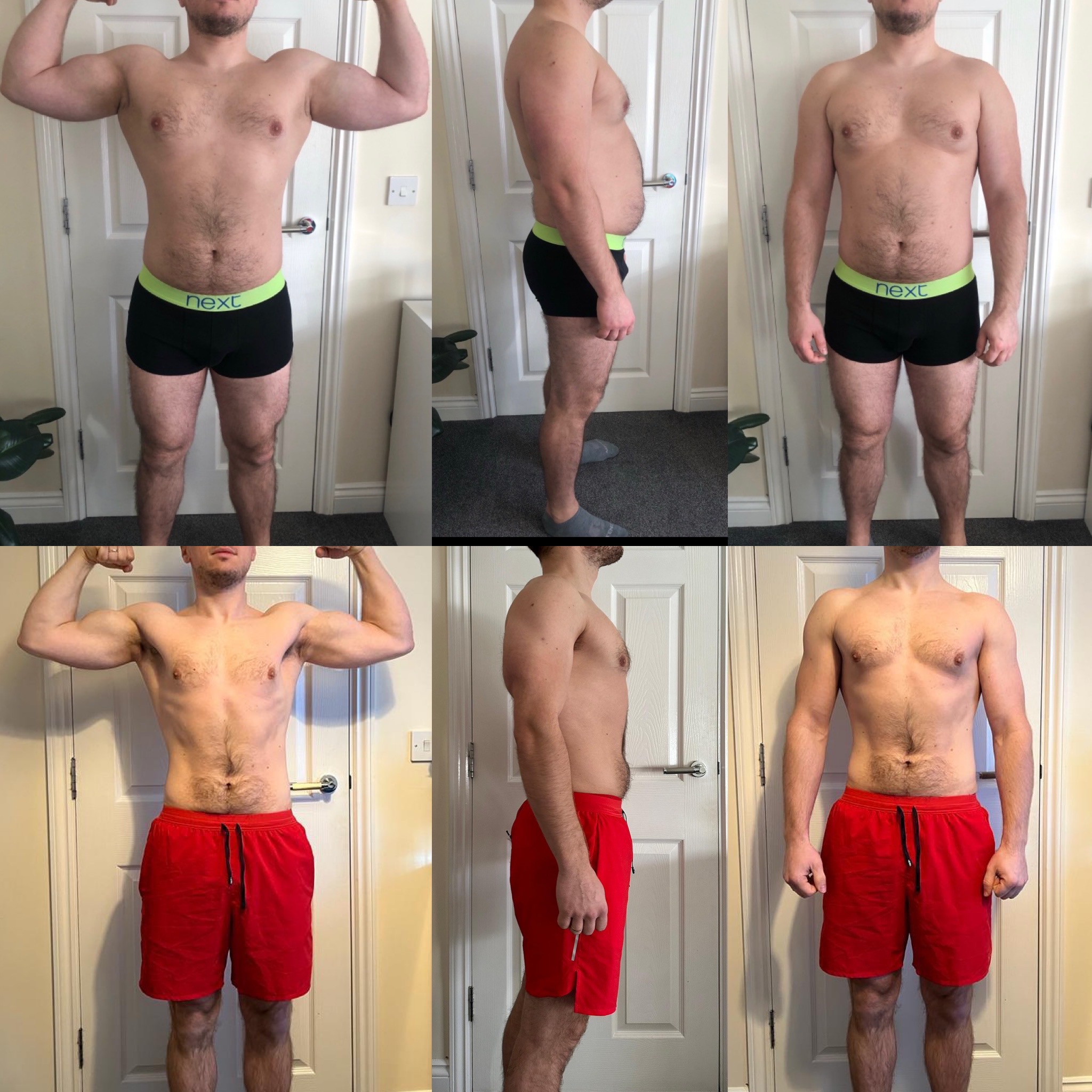 Mężczyzna prezentuje transformację sylwetki: kolaż zdjęć przed i po, ukazujący zmiany w budowie ciała z przodu i z boku, na tle białych drzwi.