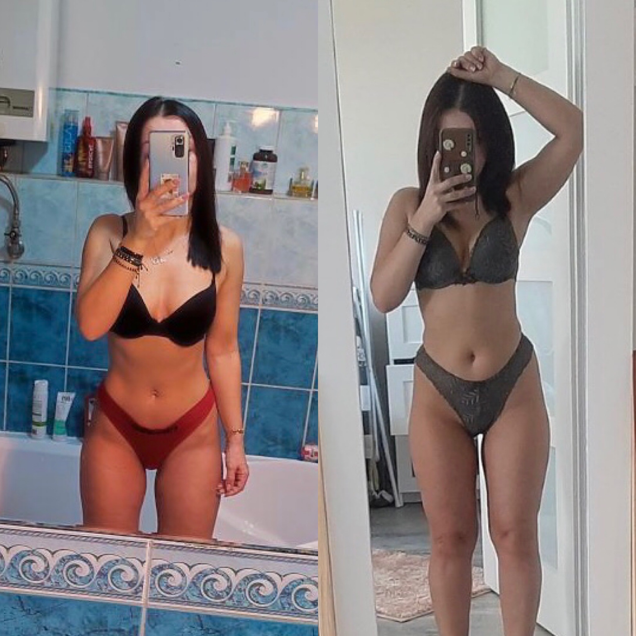 Porównanie sylwetki przed i po metamorfozie, widoczne na zdjęciu z Rzeszowa, gdzie kobieta prezentuje zmiany w swojej figurze, robiąc selfie w lustrze w łazience.