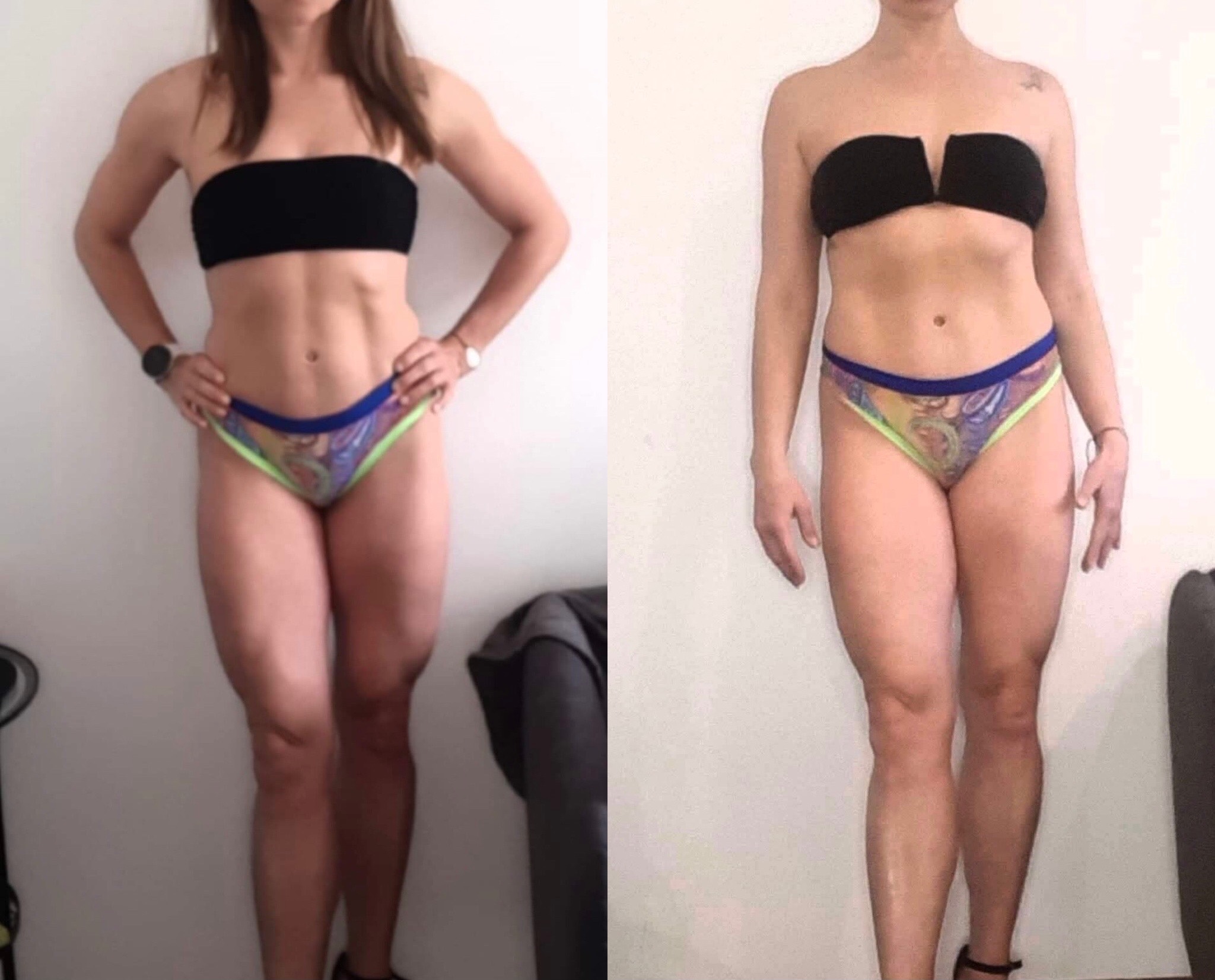 Kobieta prezentuje efekty treningu sylwetkowego: porównanie figury przed i po, widoczne zmiany w definicji mięśni brzucha i nóg.