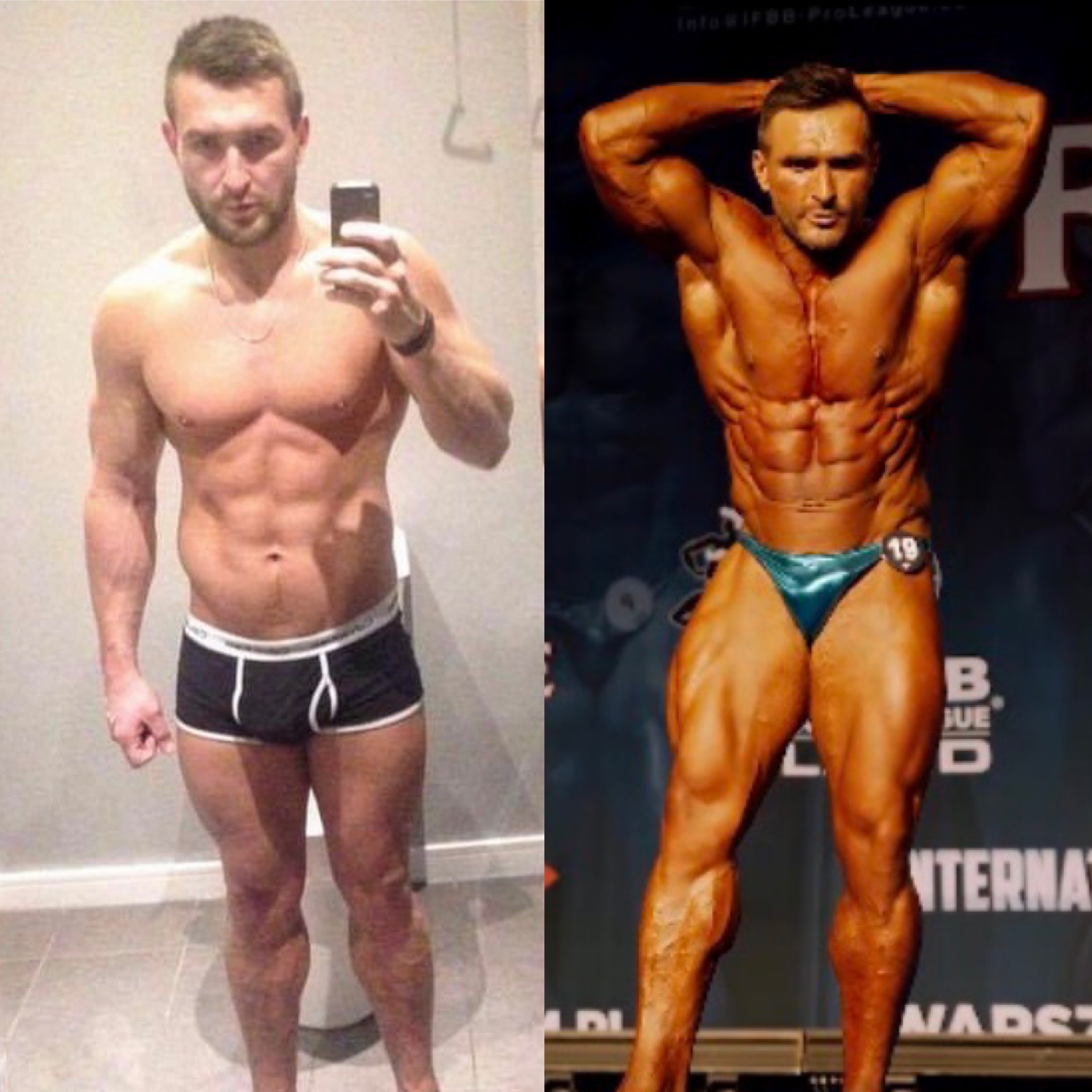 Mężczyzna prezentujący transformację sylwetki: po lewej selfie przed zawodami, po prawej muskularna sylwetka na scenie konkursowej z numerem 19.