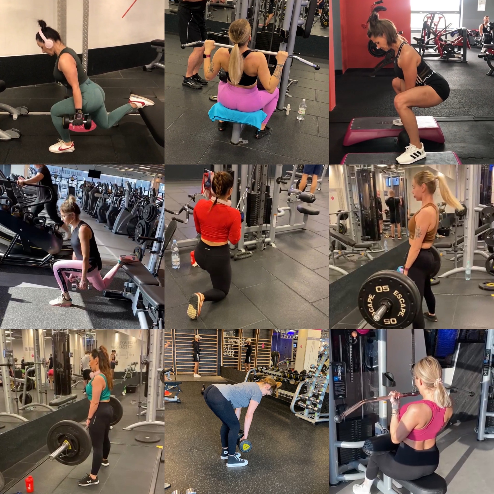 Kolaż dziewięciu zdjęć z siłowni przedstawiających kobiety podczas różnych ćwiczeń siłowych z użyciem obciążenia, w tym przysiady z obciążeniem, wykroki z hantlami i ćwiczenia na maszynach.