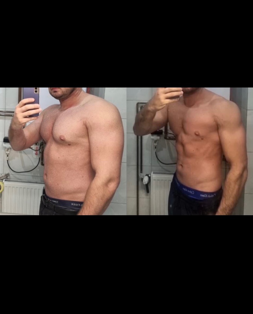 Mężczyzna prezentuje transformację sylwetki, zestawienie zdjęcia przed i po treningu, widoczne zmiany w redukcji tkanki tłuszczowej i zarysowaniu mięśni brzucha.