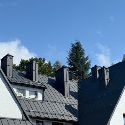 Tomasz Mikołajczyk TM Dachy-Daszki - Czarny, metalowy dach z kominami na tle błękitnego nieba i zieleni drzew w Wadowicach. Nowoczesne pokrycie dachowe z blachy na budynku.