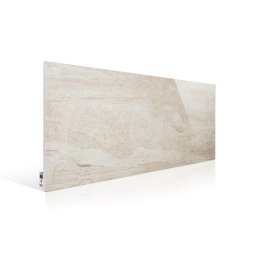Piotr Niemyski - PIONIER ogrzewanie - Naścienny panel grzewczy Heat-Decor z beżowym wzorem imitującym marmur, widoczny z boku, z refleksami światła na gładkiej powierzchni.