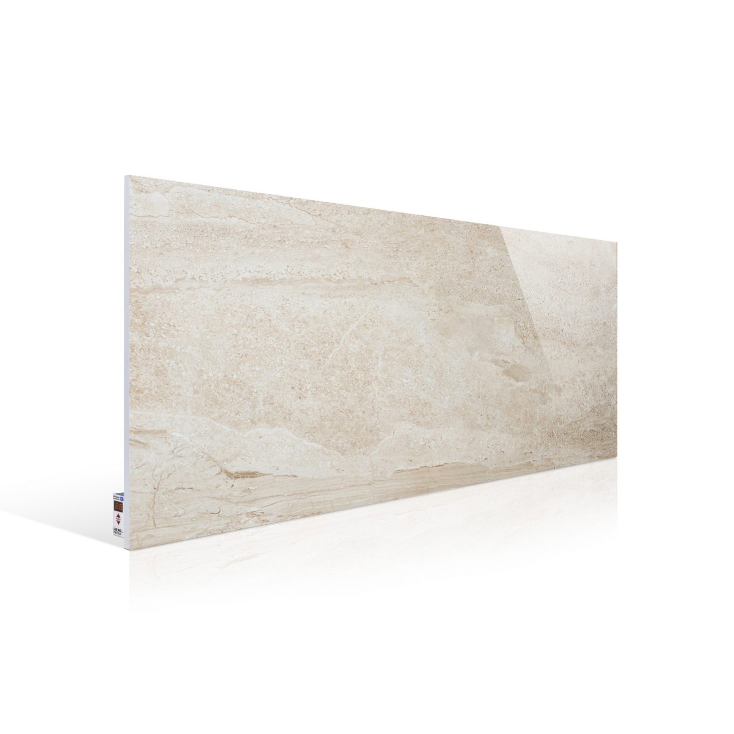 Naścienny panel grzewczy Heat-Decor z beżowym wzorem imitującym marmur, widoczny z boku, z refleksami światła na gładkiej powierzchni.