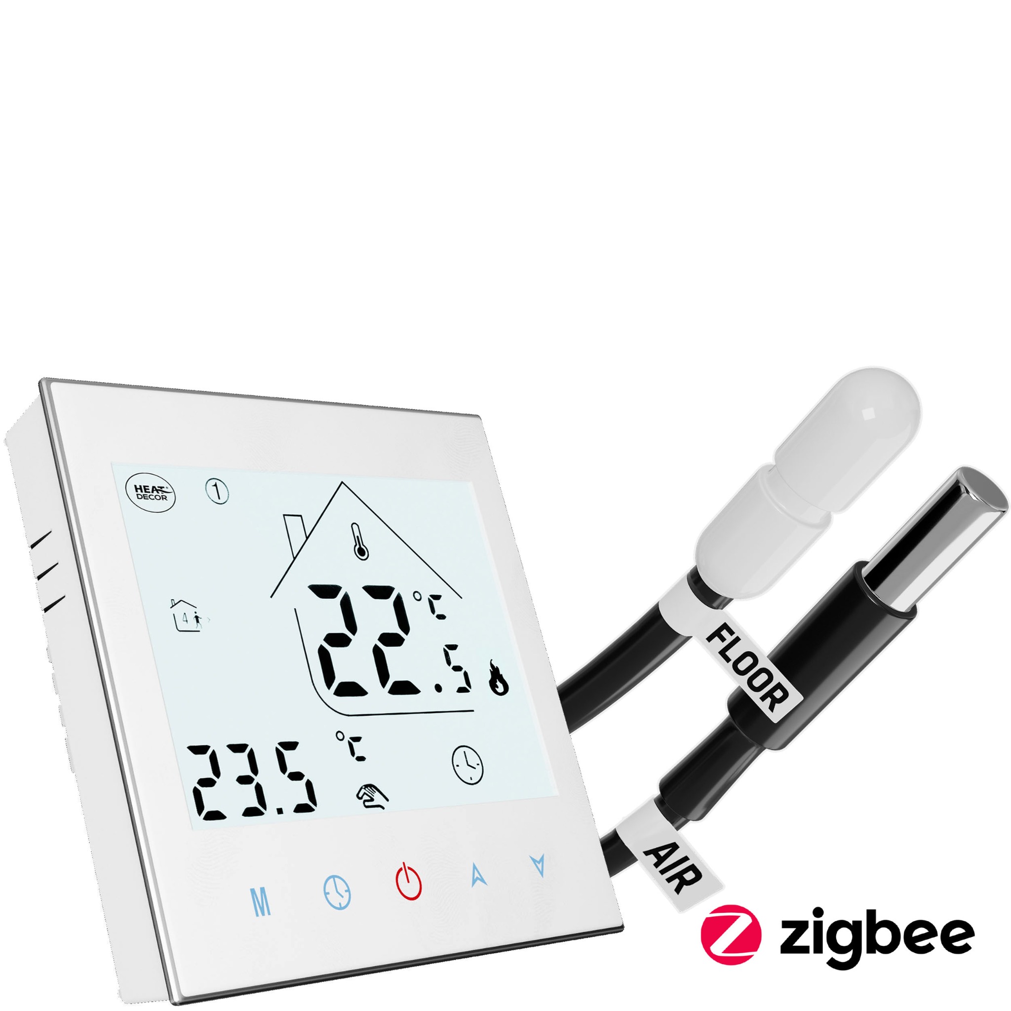 Termostat pokojowy przystosowany do ogrzewania podłogowego wyposażony w czujnik temperatury podłogi oraz w fukcję zigbee