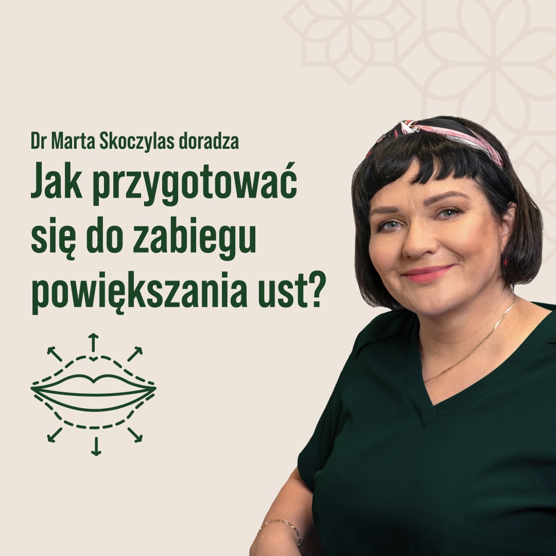 Portret uśmiechniętej kobiety z tekstem informującym o przygotowaniu do zabiegu powiększania ust oraz schematyczny rysunek ust z zaznaczonymi kierunkami powiększania.