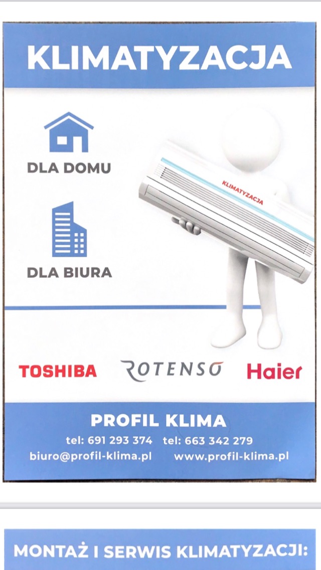 Plakat reklamowy firmy Profil Klima oferującej klimatyzację dla domu i biura, z logo Toshiba, Rotenso i Haier, oraz danymi kontaktowymi.