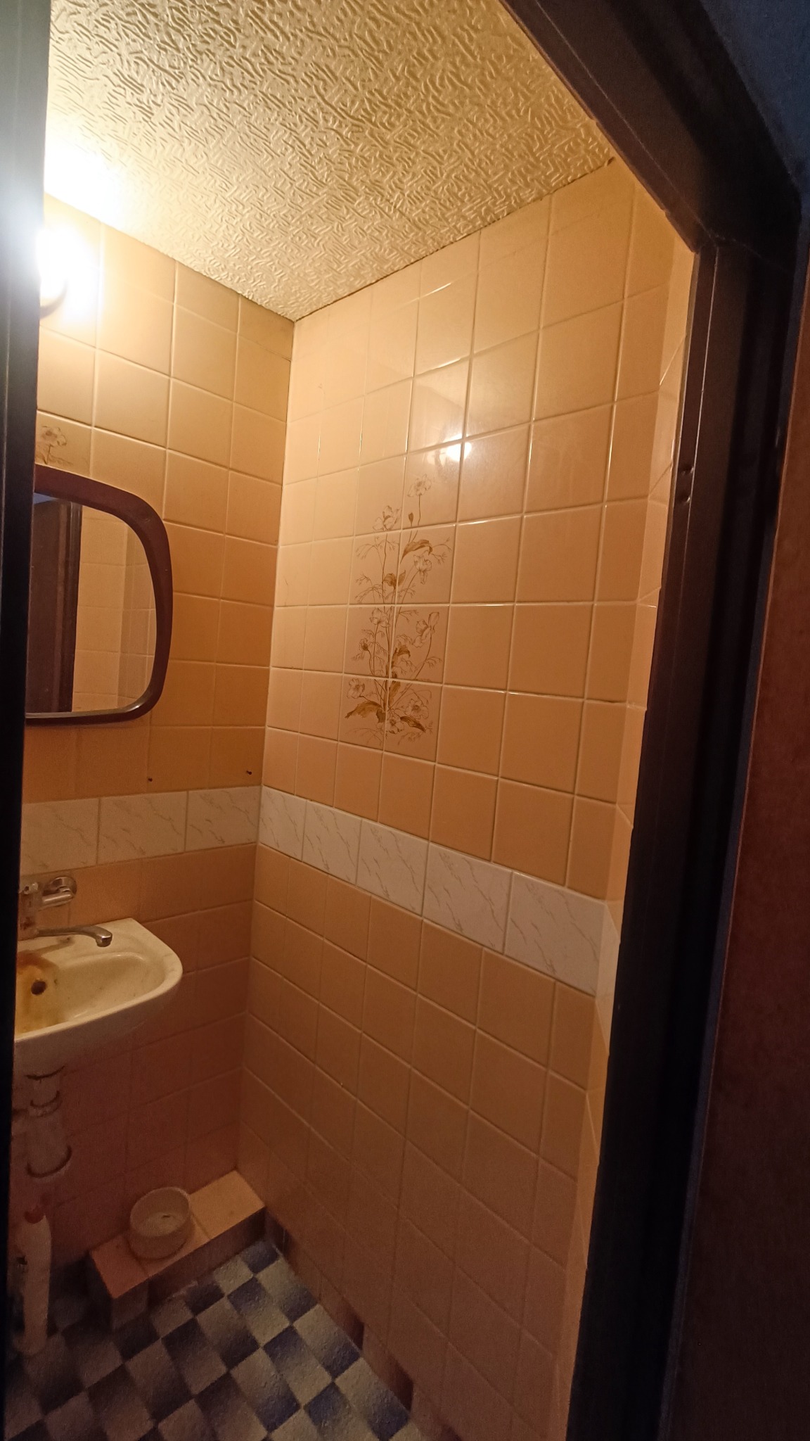 Mała łazienka w odcieniach pomarańczy z kwadratowymi płytkami, dekoracyjnym motywem roślinnym na ścianie i wzorzystą podłogą, widok zza otwartych drzwi.