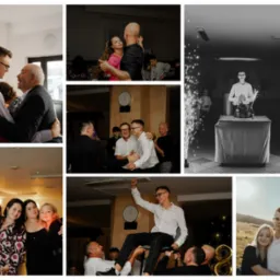 Kolaż zdjęć z uroczystości: uściski, taniec, tort z fajerwerkami, podnoszenie na krześle i sesja plenerowa.