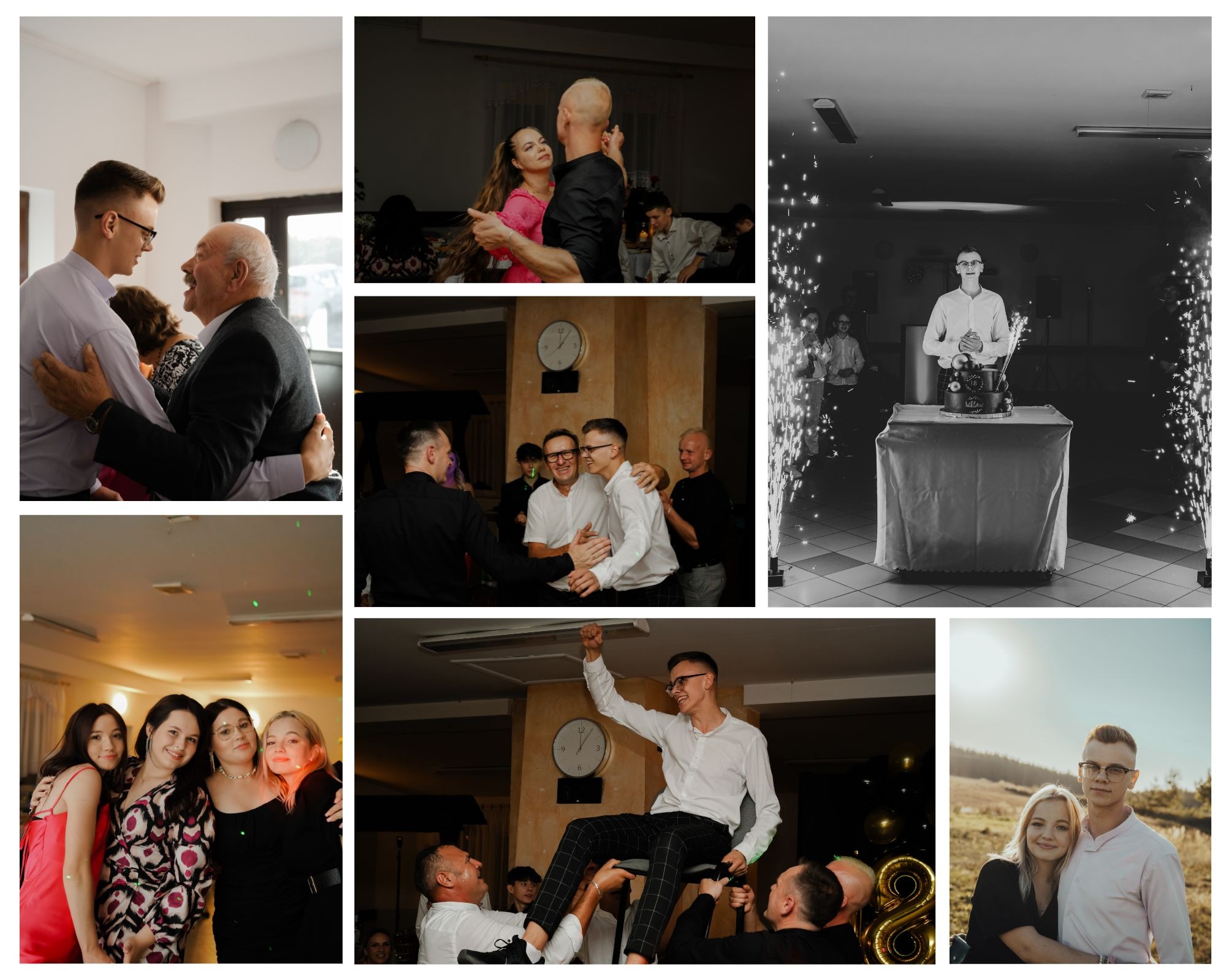 Kolaż zdjęć z uroczystości: uściski, taniec, tort z fajerwerkami, podnoszenie na krześle i sesja plenerowa.