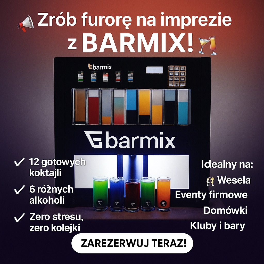 Automat Barmix z kolorowymi koktajlami, idealny na wesela i eventy firmowe. Prezentacja 12 gotowych koktajli i 6 różnych alkoholi. Zarezerwuj teraz!