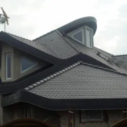 Nietypowy dach pokryty łuską bitumiczną, z lukarnami o nietypowych kształtach i wiatrowskazem z motywem piły i siekiery.