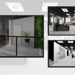 Wizualizacja recepcji biurowej w Łodzi, 2023. Widok na ladę recepcyjną z logo 'Twój Startup', ścianę z zielenią, przeszklone biuro z roślinami w donicach, oraz korytarz z dystrybutorem wody...