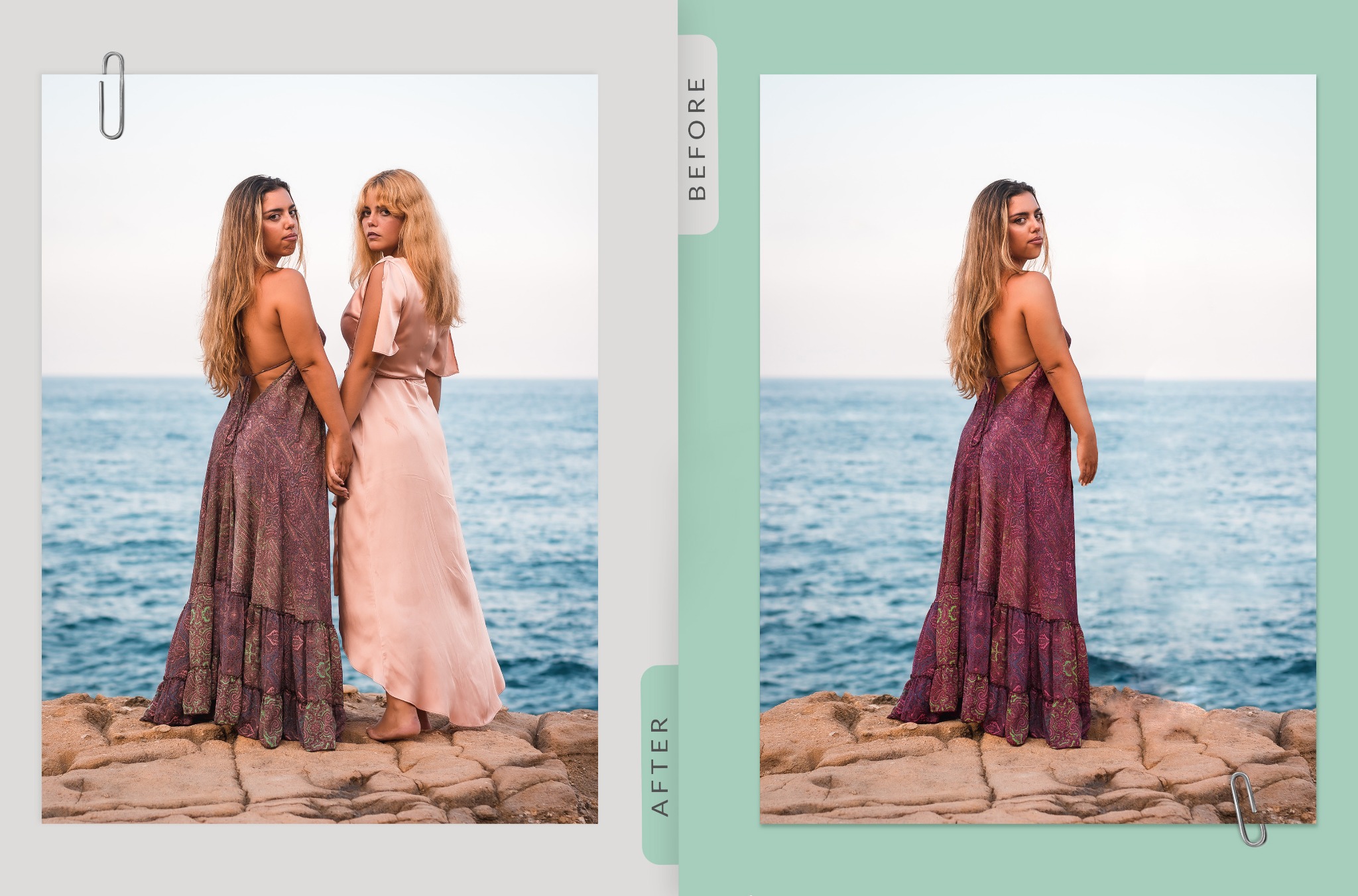 Fotografia typu 'przed i po' przedstawiająca retusz zdjęcia dwóch kobiet na tle morza, z usuniętą jedną z nich.