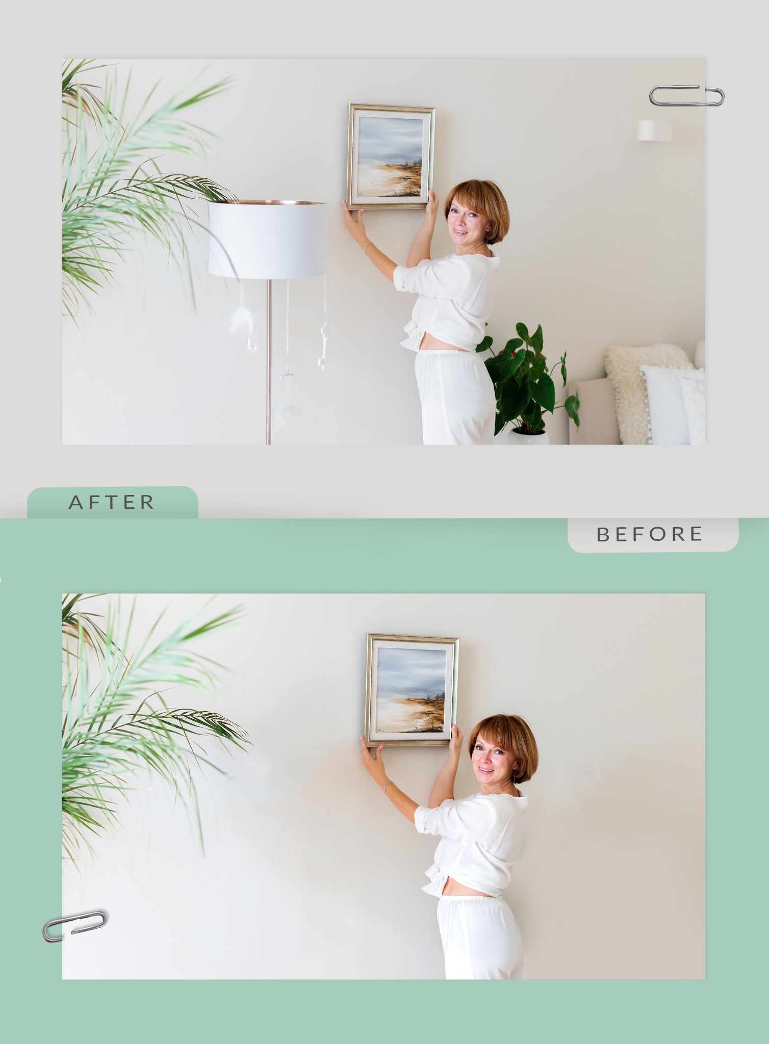 Porównanie przed i po usunięciu lampy podłogowej z fotografii wnętrza, ukazujące kobietę w białym stroju wieszającą obraz nad rośliną doniczkową.