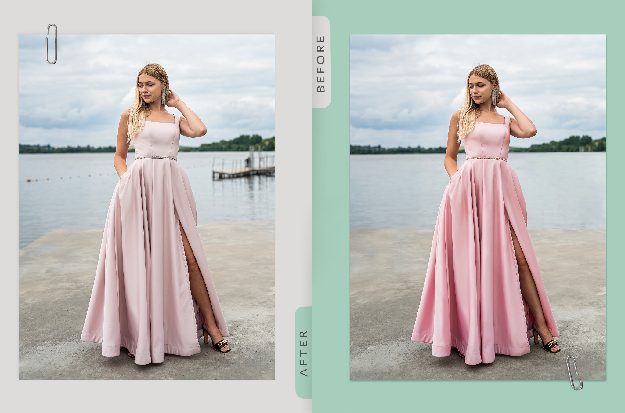Porównanie zdjęcia przed i po usunięciu obiektów: modelka w pudrowo-różowej sukni na tle jeziora, po prawej stronie usunięte drobne niedoskonałości skóry i tła.