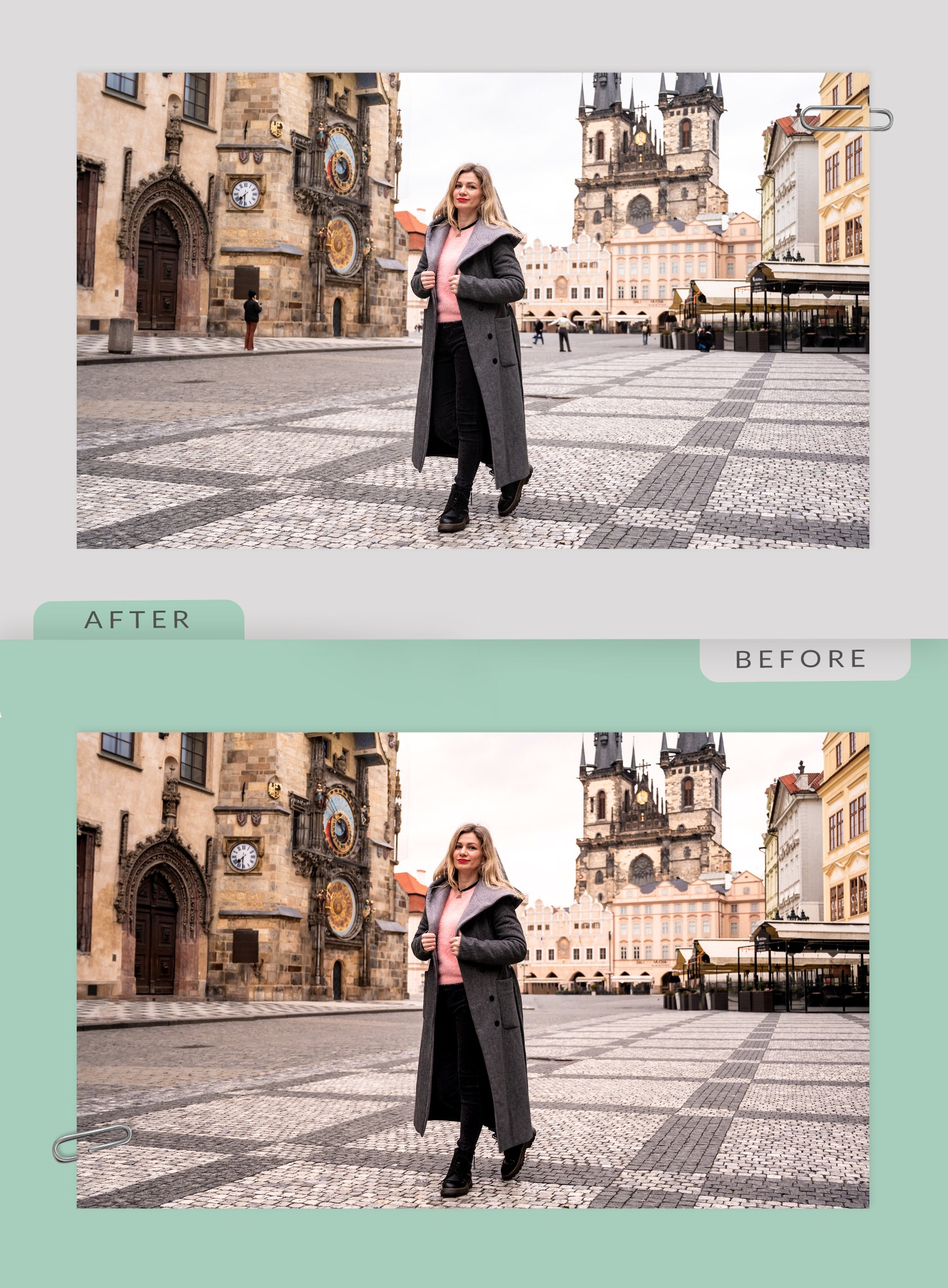 Porównanie 'przed' i 'po' usunięciu obiektu ze zdjęcia przedstawiającego kobietę na tle Rynku Staromiejskiego w Pradze, widoczny zegar astronomiczny i Kościół Marii Panny przed Tynem.