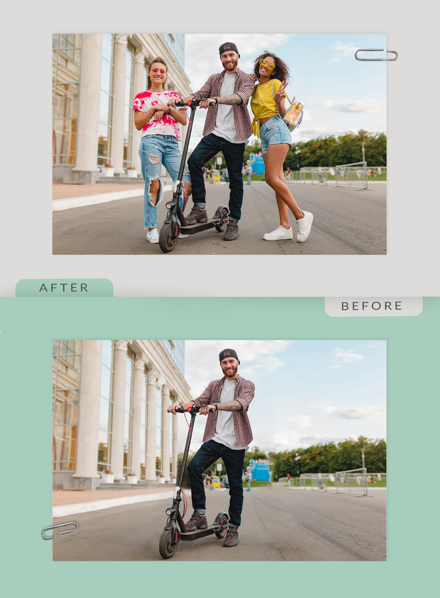 Porównanie zdjęć: na górnym, po retuszu, trzy osoby na tle budynku i parku, na dolnym tylko mężczyzna na hulajnodze przed budynkiem. Usunięto dwie osoby ze zdjęcia.