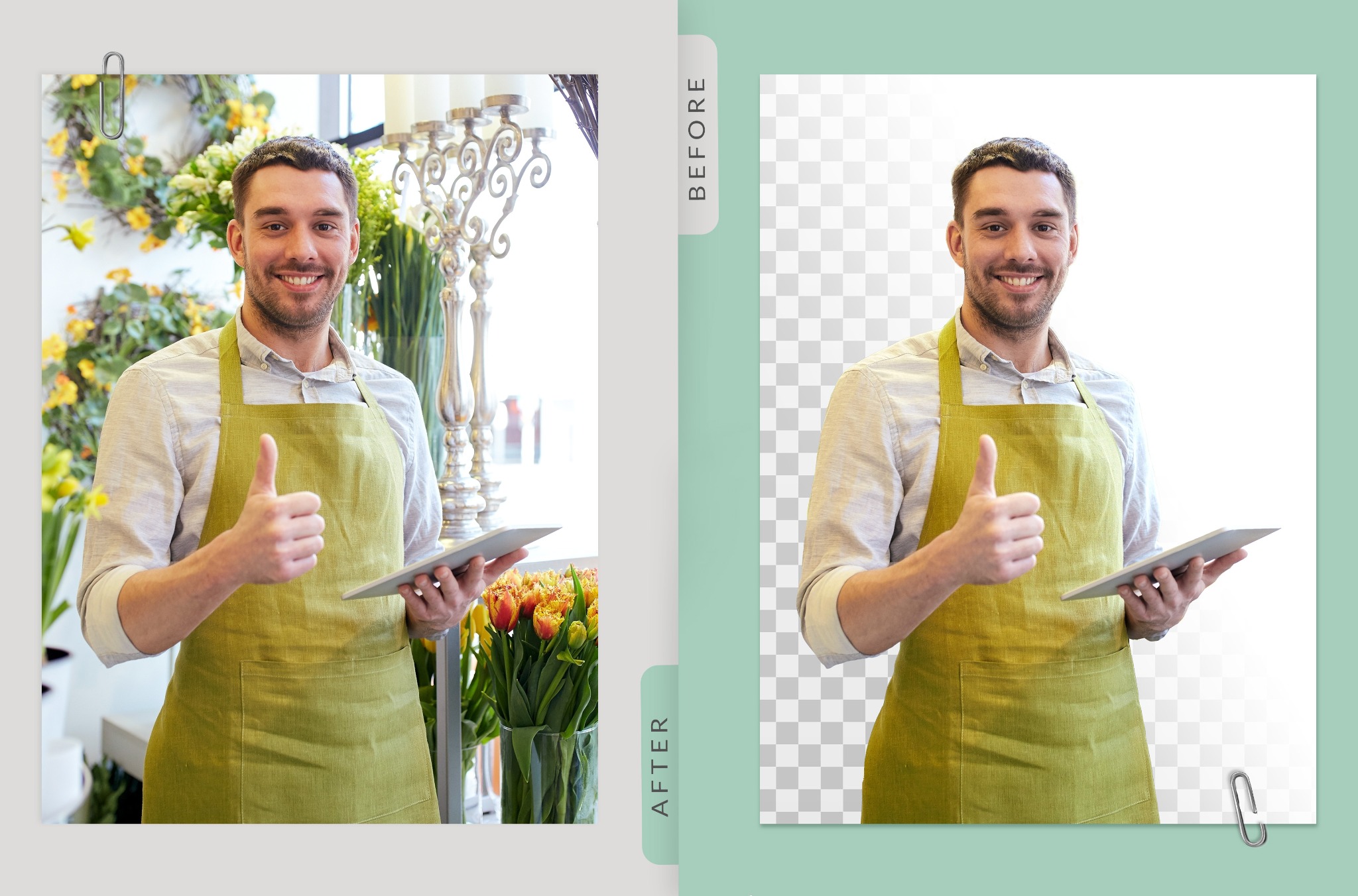 Porównanie: kwiaciarz w zielonym fartuchu daje kciuk w górę, trzyma tablet, po lewej stronie w tle kwiaty i świecznik, po prawej stronie tło usunięte.