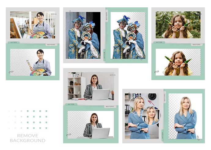 Przykłady usuwania tła ze zdjęć: portret malarki z paletą, para w strojach karnawałowych, dziewczynka z papugami, kobieta pracująca na laptopie, portret biznesowy przed i po usunięciu tła.