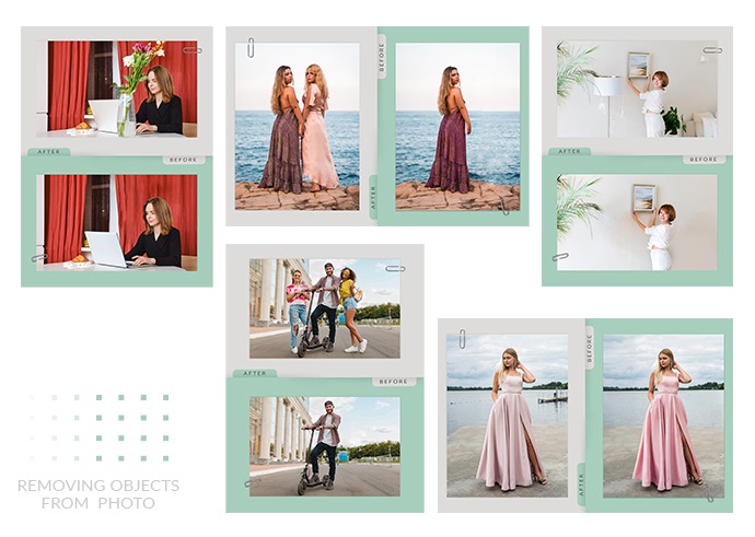 Zestawienie kilku par zdjęć 'przed' i 'po' obróbce graficznej, prezentujących usuwanie obiektów z fotografii, w tym osoby, elementy otoczenia oraz drobne detale, umieszczone w estetycznych ramkach...