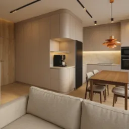 Beżowa kuchnia z drewnianym stołem i krzesłami, oświetlona lampami sufitowymi. Widoczny fragment sofy i schodów. Minimalistyczny design, jasne wnętrze.